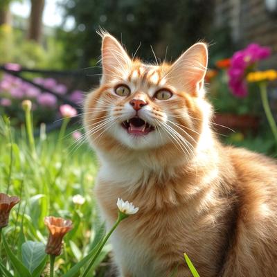 The primary subject of the image is a cat with a white face, sitting in a grassy area. The cat appears to be looking at the camera, possibly with a surprised expression. The setting is a garden, with a variety of flowers surrounding the cat. The visual style of the image is a photo, capturing the cat's unique features and the vibrant colors of the flowers. The overall atmosphere of the image is lively and engaging, as the cat seems to be the main focus of the scene.